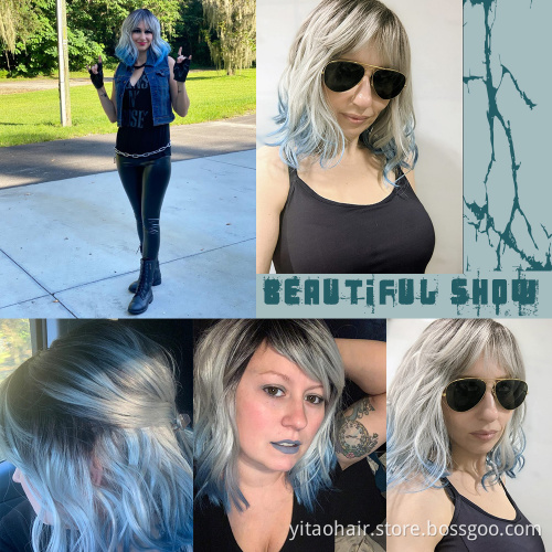 FZY Wholesale Price Good Omens Cosplay Black Roots  gray teal green three tones Ombre color Synthetic hair  lace Wigs Vendor